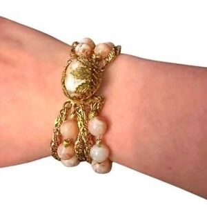 Vintage Hobe Coral Pink Quartz Bead Gold Chain Filigree Clasp Cabachon Bracelet